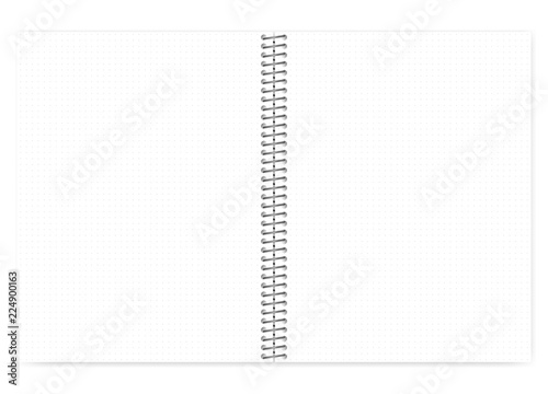 Open dot grid wire bound notebook with metal spiral, realistic mockup