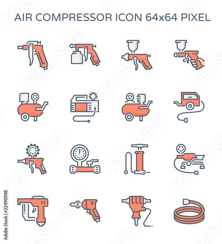 Air compressor icon. Consist of spray gun or airbrush for auto paint repair. Including with pressure tank, bicycle pump, air blow gun, pressure gauge, pneumatic staple, drilling tool, jack hammer etc.