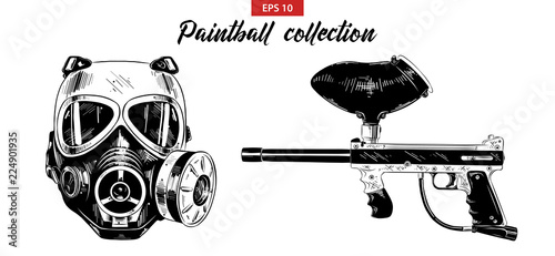 Vector engraved illustration for posters, decoration, print. Hand drawn sketch set of paintball gun and mask isolated on white background. Detailed vintage etching drawing.