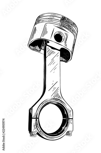 Vector engraved style illustration for posters, decoration and print. Hand drawn sketch of car piston in black isolated on white background. Detailed vintage etching style drawing.