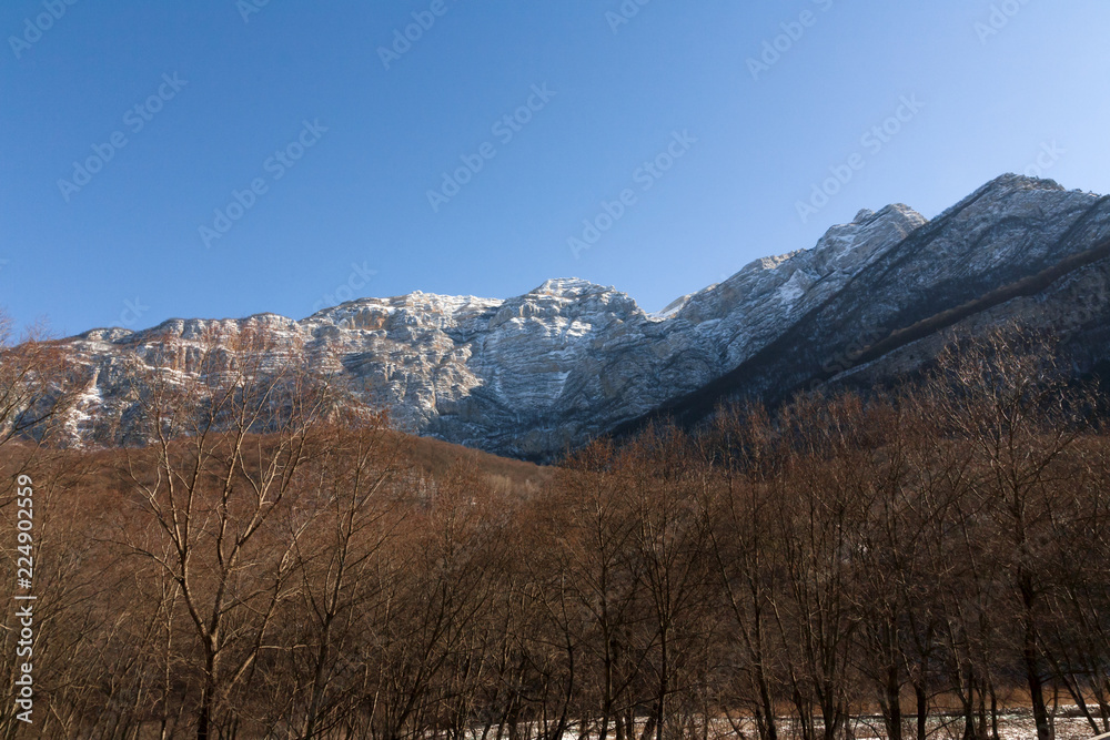 Mountain landscape, the snow covered the peaks.