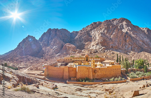 Panorama of St Catherine monastery and rocky mountain range, Sinai, Egypt photo