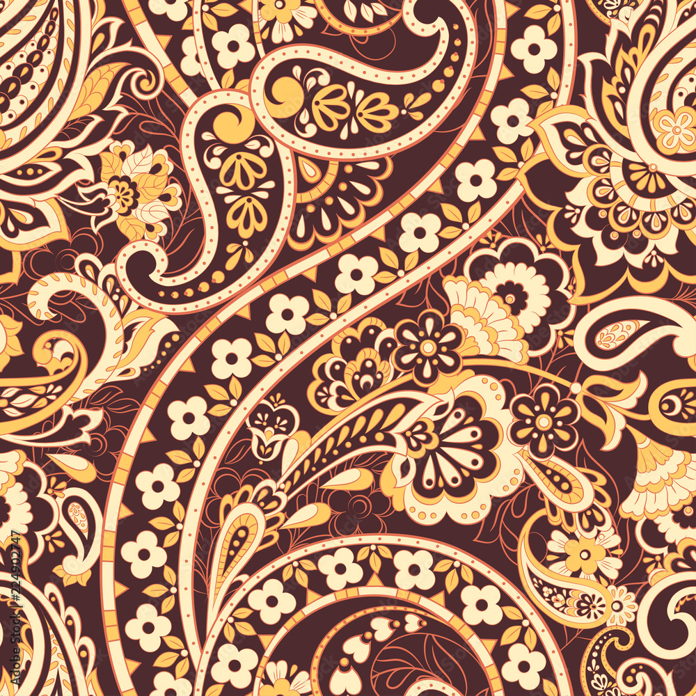 Paisley ornament floral seamless pattern. Asian vector background