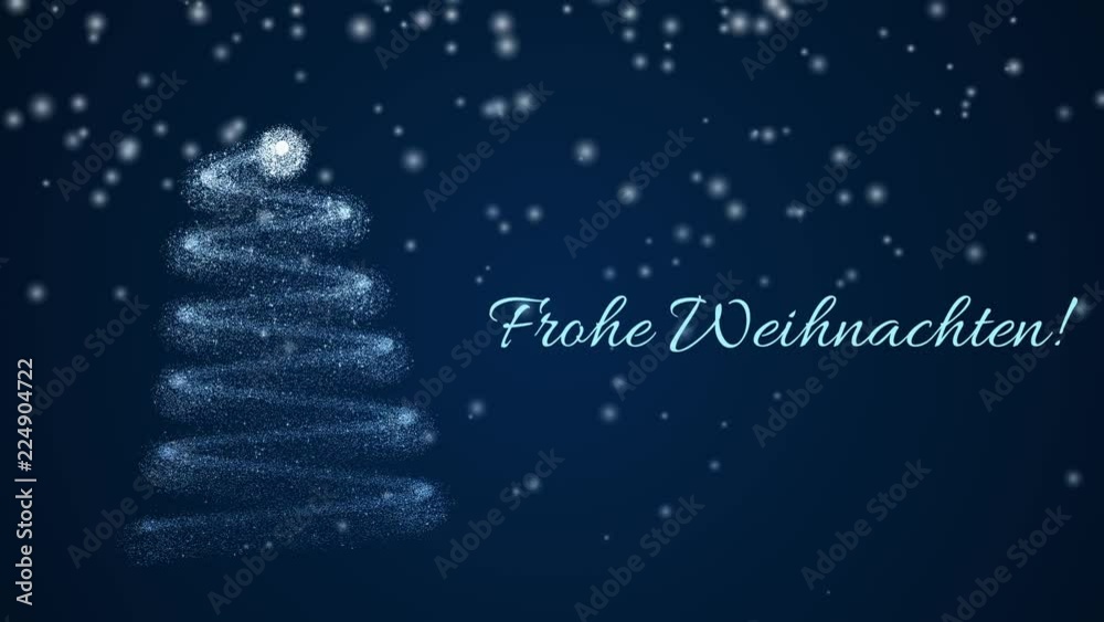 Merry christmas (Frohe Weihnachten in german language) video greeting. Christmas tree from particles, fading from bottom to top. Falling snow in background.