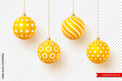 3d Christmas yellow balls with geometric pattern. Decorative elements for holiday new year design. Isolated on transparent background. Vector illustration.