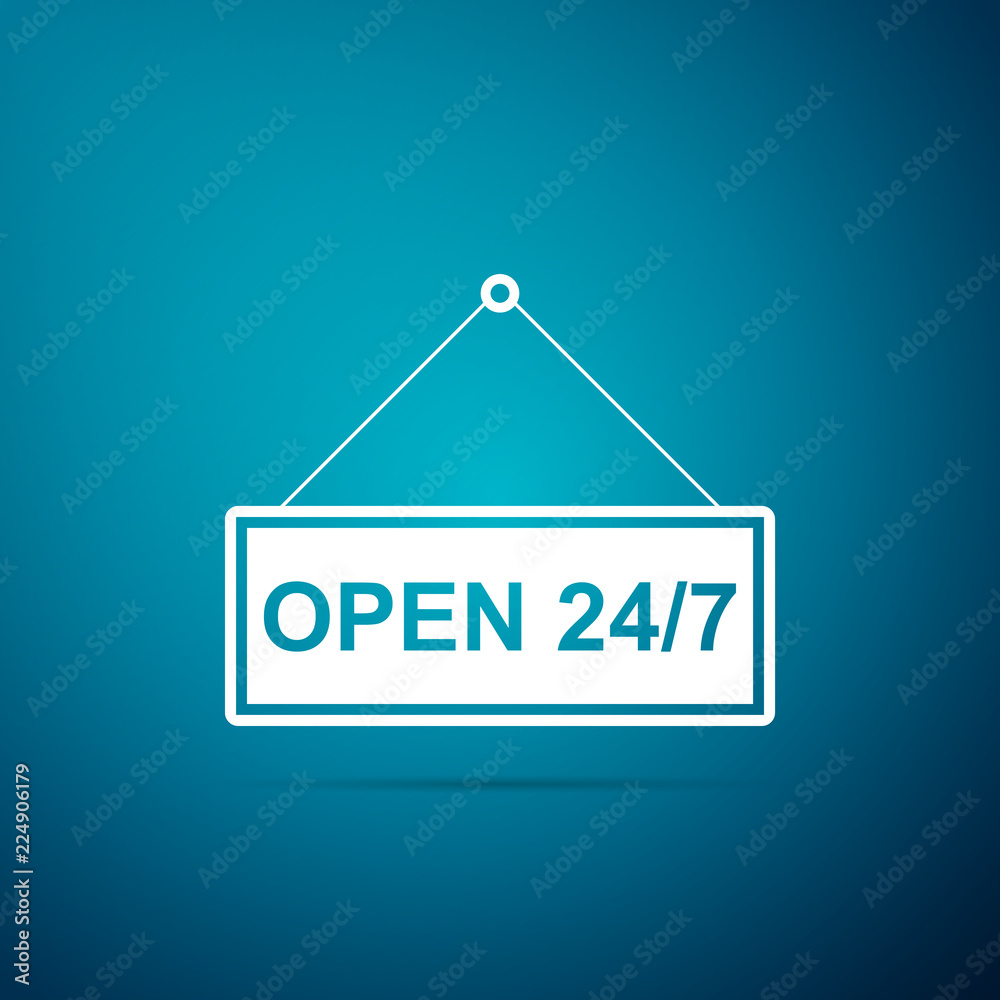 Hanging sign with text Open 24-7 hours icon isolated on blue background. Business theme for cafe or restaurant, club and bar. Flat design. Vector Illustration Hanging sign with text Open 24-7 hours icon isolated on blue background. Business theme for cafe or restaurant, club and bar. Flat design. Vector Illustration