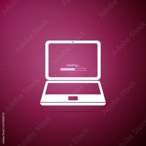 Laptop update process with loading bar icon isolated on purple background. System software update. Loading process in laptop screen. Flat design. Vector Illustration