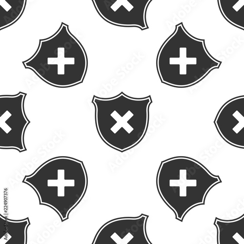 Shield and cross x mark isolated icon seamless pattern on white background. Denied disapproved sign. Protection and safety or security, reliability concepts. Flat design. Vector Illustration