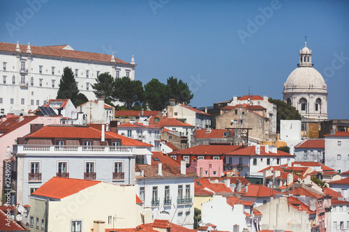 Beautiful super-wide angle aerial panoramic view of Lisbon, Portugal, with Alfama district and historical old town, seen from the observation deck belvedere