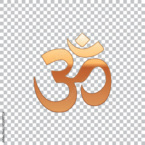 Gold Om or Aum Indian sacred sound isolated object on transparent background. Symbol of Buddhism and Hinduism religions. The symbol of the divine triad of Brahma, Vishnu and Shiva. Vector Illustration