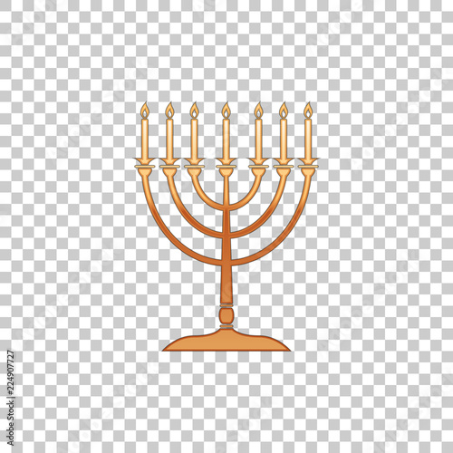 Golden Hanukkah menorah isolated object on transparent background. Religion icon. Hanukkah traditional symbol. Holiday religion, jewish festival of Lights. Flat design. Vector Illustration