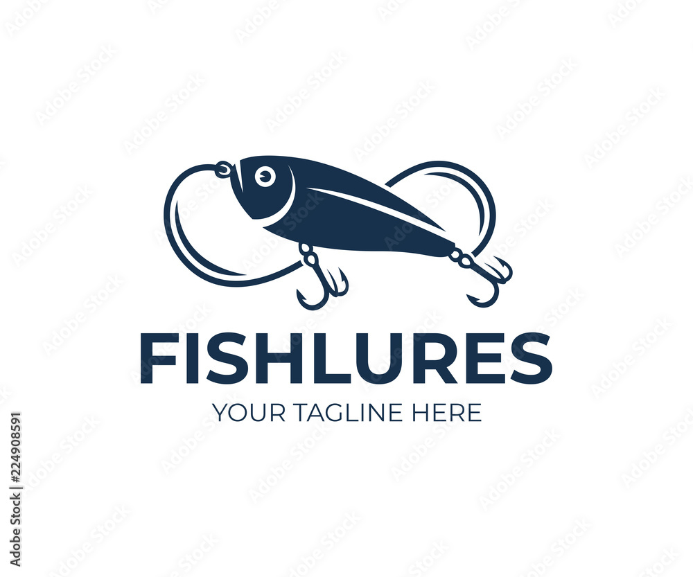 Fishing lures and fish lures, fish, fishing line and hooks, logo