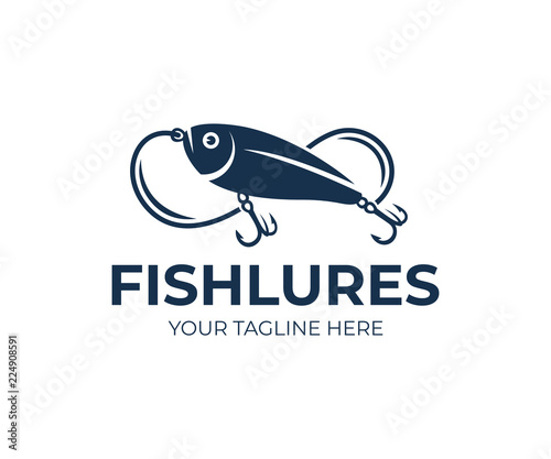 Fishing lures and fish lures, fish, fishing line and hooks, logo design. Animal, wildlife and angling on nature or river, vector design and illustration