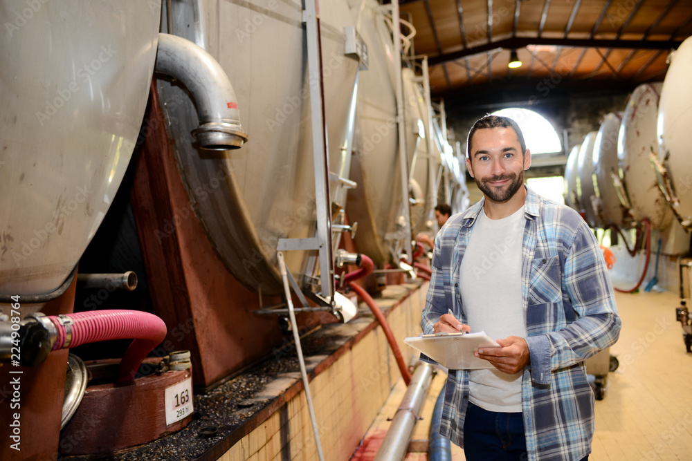 Fototapeta premium handsome man winemaker in a winery wine cellar during harvest season with stainless steel vats in background
