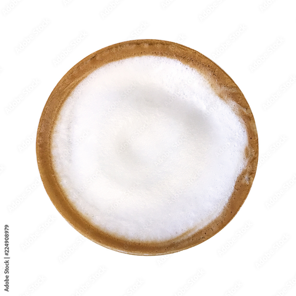 Top view of hot coffee cappuccino cup with milk foam isolated on white background, clipping path included. Top view of hot coffee cappuccino cup with milk foam isolated on white background, clipping path included.