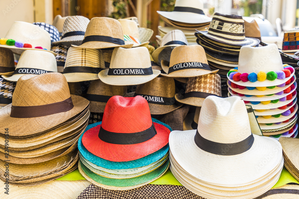 A view of hats for sale in Cartagena, Colombia Stock Photo