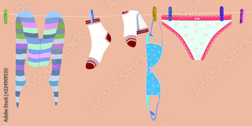 underwear, laundry, woman clothes: tights, socks, pants and bra, drying on clothesline, rope with clothespins. modern girl hipster apparel. nice vector illustration