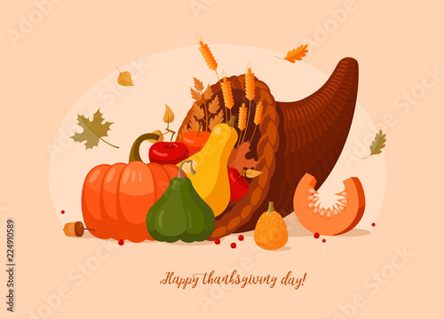 Autumn and thanksgiving day decorations. Thanksgiving day table. Сornucopia.