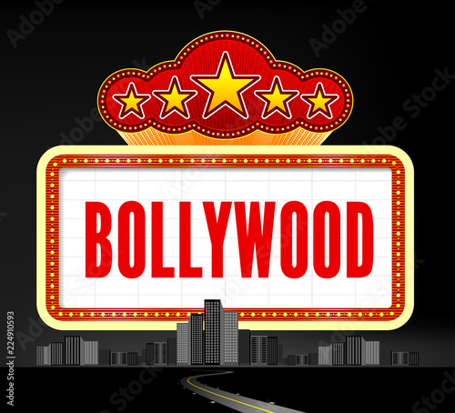 Bollywood is a traditional Indian movie. Vector illustration with marquee lights