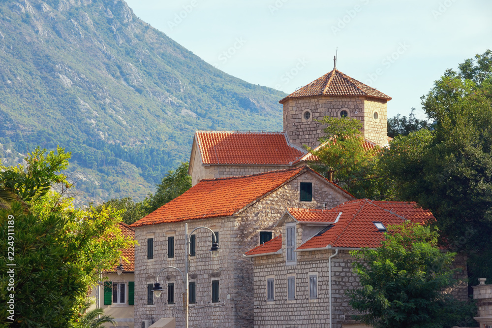 Red tiled roofs among green trees. Montenegro, Muo town. Residential buildings and ancient parish church  (Church of the Blessed Virgin Mary)