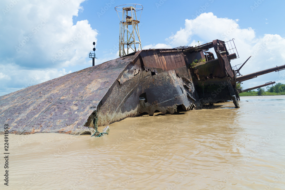 Fototapeta premium Wreck of Goslar in the Surinam River in Paramaribo, a German freight vessel sunk in 1940