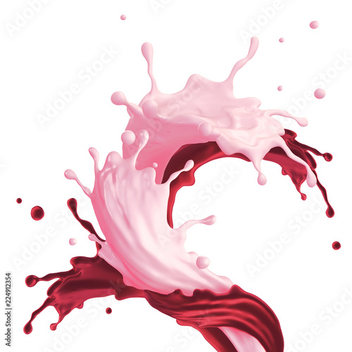 3d render, liquid red pink splash, mixed fruit yogurt drink, smoothie, wavy splashing, paint, isolated on white background © wacomka