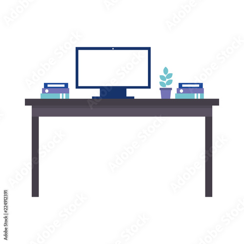 office table computer binder folder plant