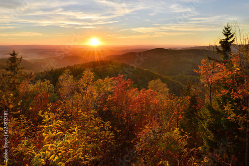 View over forest covered hills in autumn at sunset
