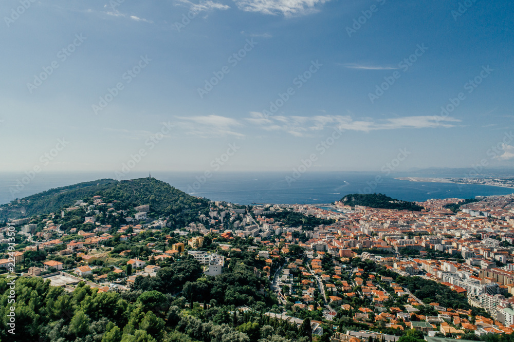 Nice city in the south of France on the azure coast a view from above Drone panorama Nice city in the south of France on the azure coast a view from above Drone panorama