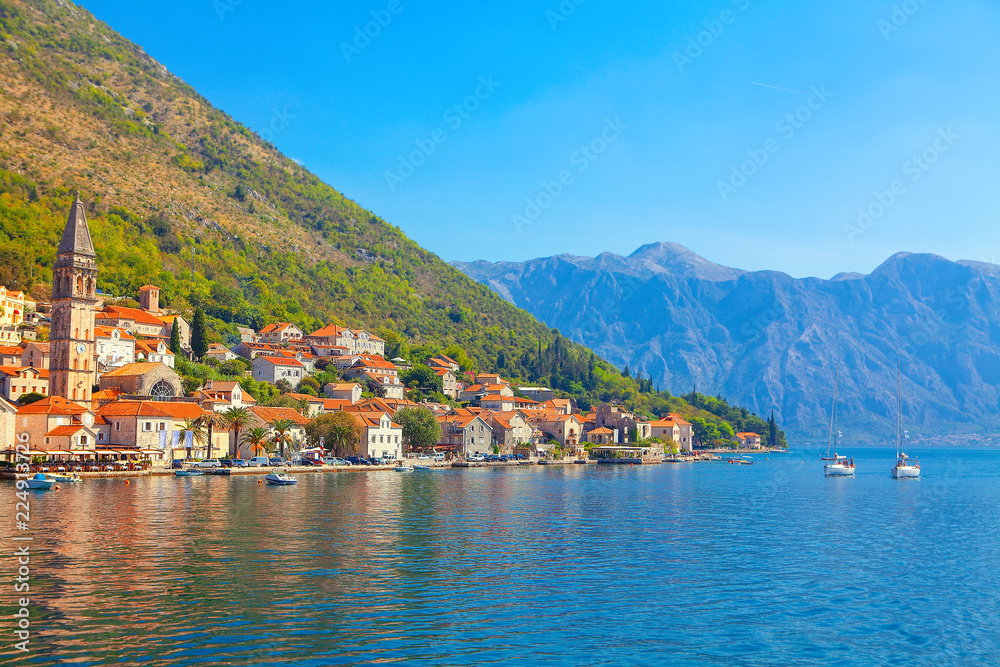 view of Perast town in Kotor Bay , Montenegro