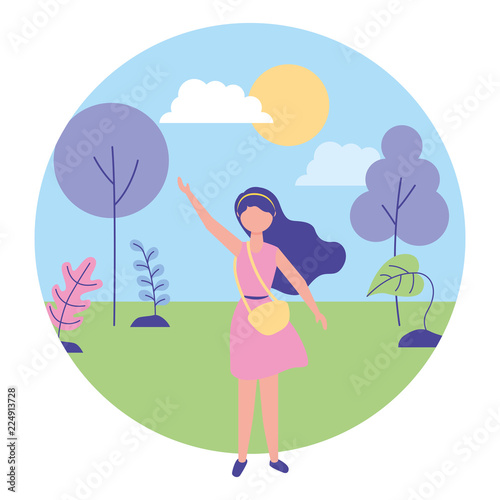 woman waving hand in the outdoors landscape