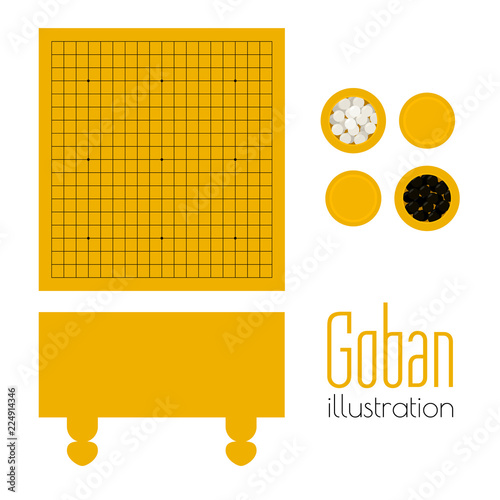Vector illustration of empty goban and bowls with stones in flat style. Go board game equipment. Template for presentation baduk positions. Weiqi, igo poster. Front and side view.