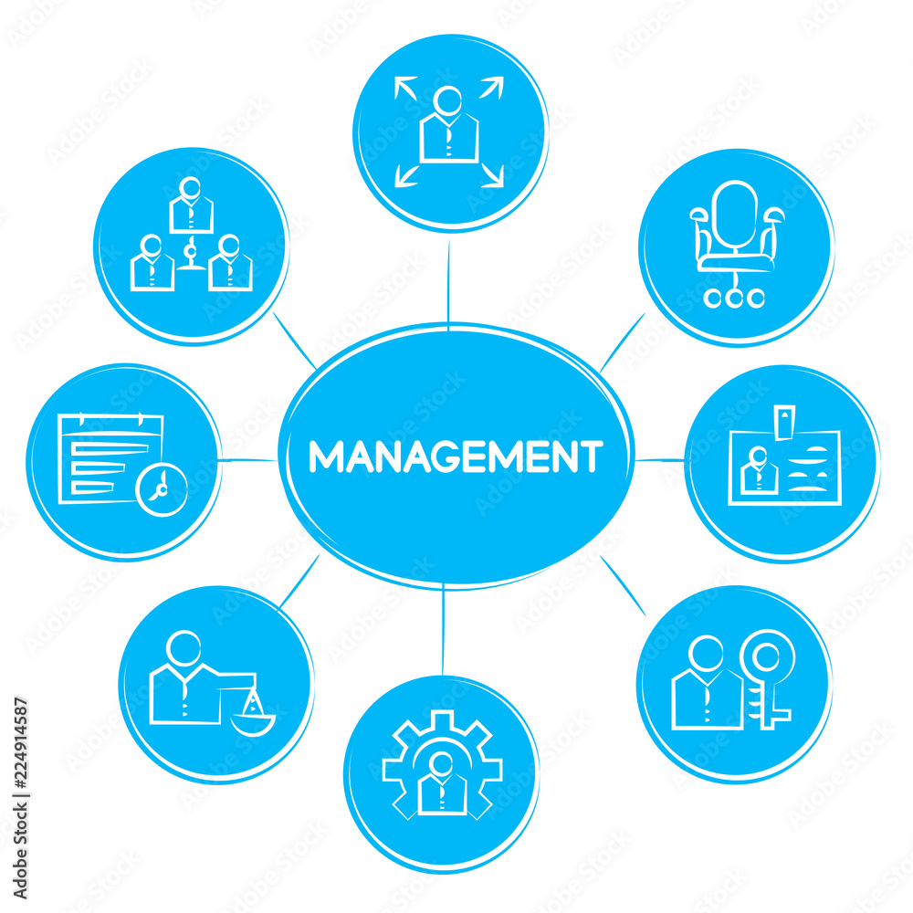 management concept icons in blue diagram