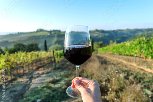 Wine glass over beautiful landscape of Tuscany, with green valley of grapes and hills around. Wine beverage tasting in Italy during harvest