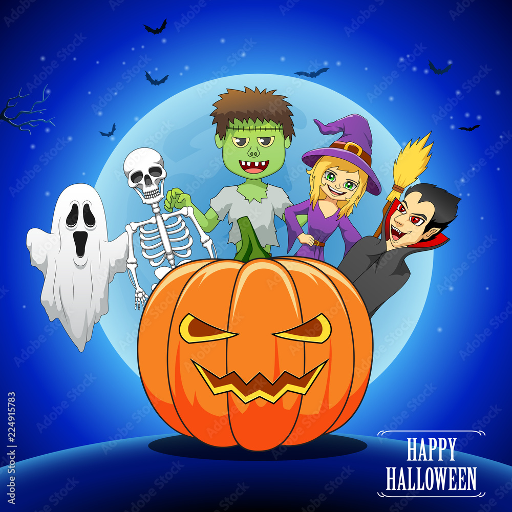 Happy Halloween background with pumpkin, haunted house and full moon. Vector illustration