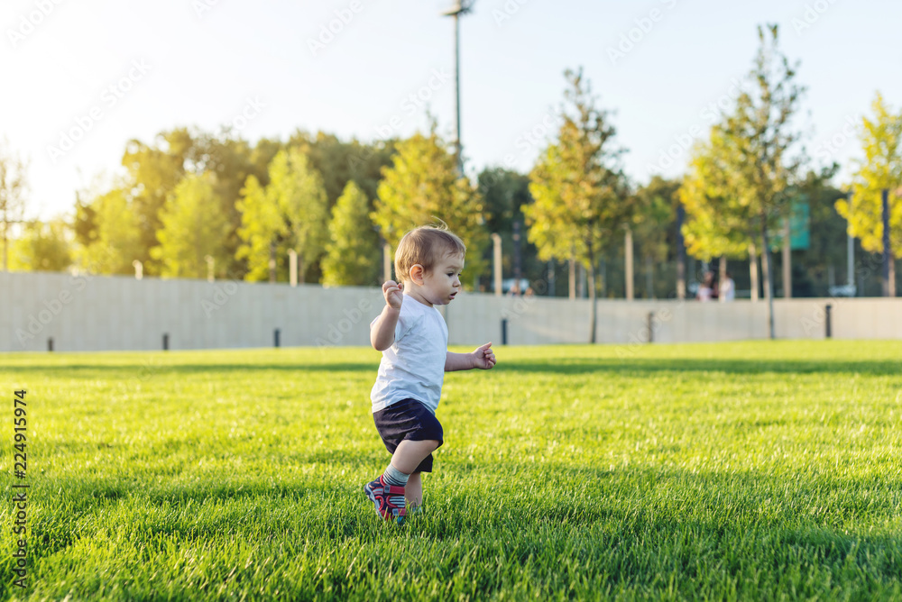 Cute baby runs on a green lawn playing catch-up in nature on a Sunny day. Concept one-year-old child and first steps