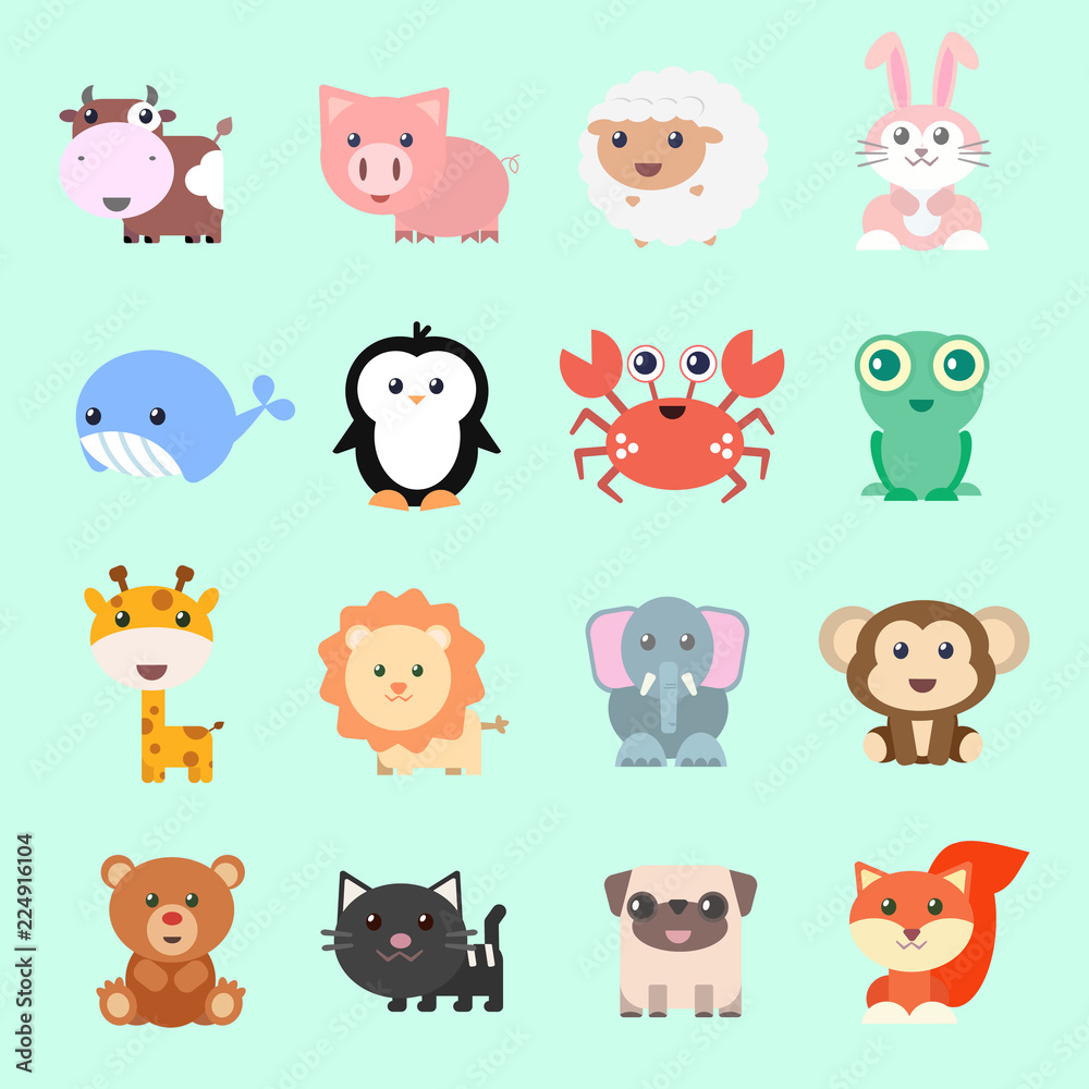 Set of vector funny animals in cartoon style. Cute animals on color  background. A collection of small animals in the children's style. Stock  Vector | Adobe Stock
