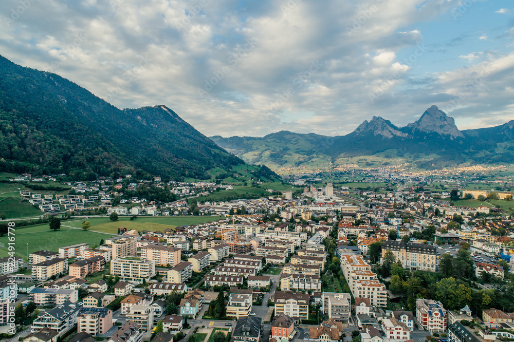 Swiss Mountain Lake nature Drone aerial photo panorama