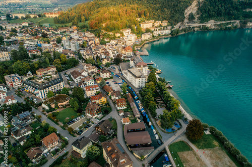 Swiss Mountain Lake nature Drone aerial photo panorama © Vivid Cafe