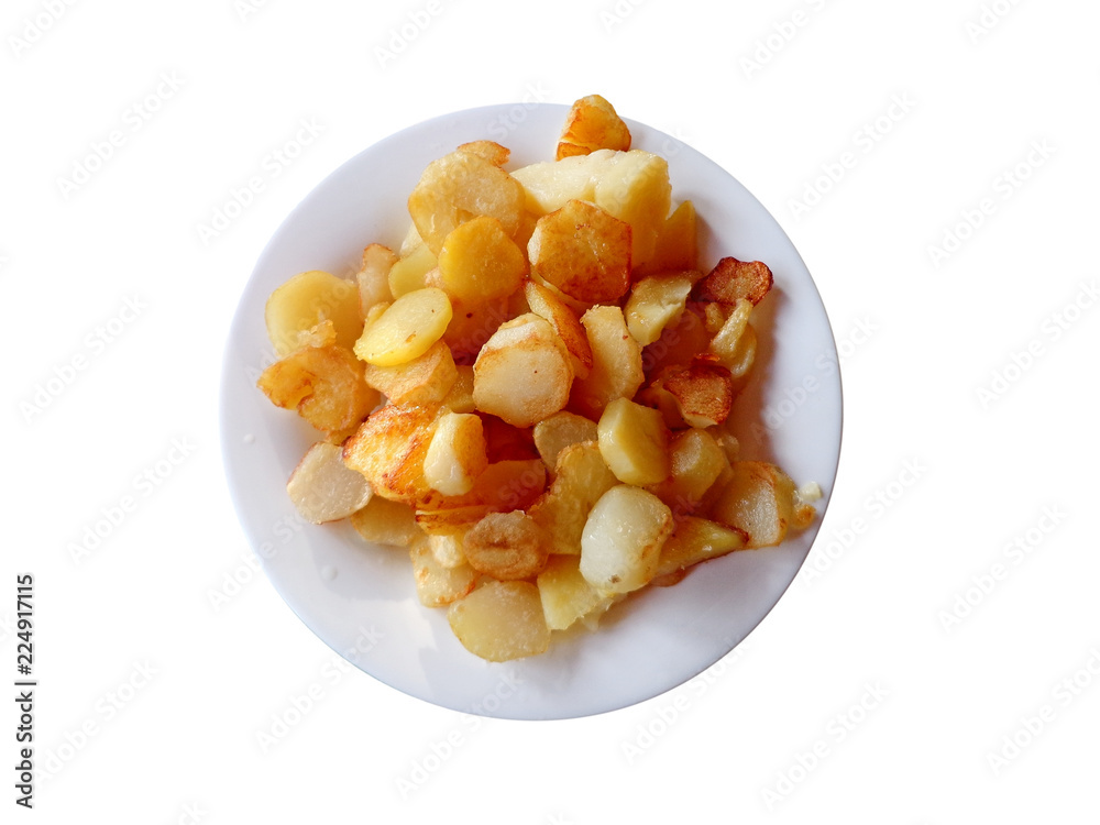 Fried potatoes on the plate on a white background Fried potatoes on the plate on a white background