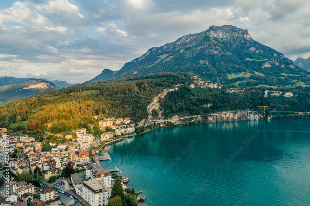 Swiss Mountain Lake nature Drone aerial photo panorama