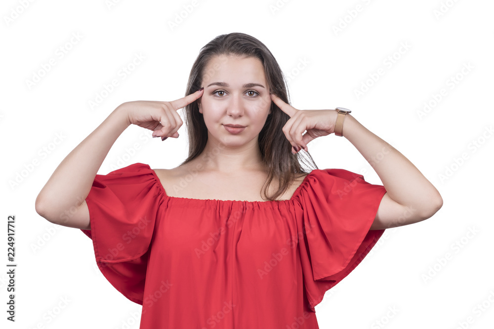 Beautiful woman in red blouse holding index fingers near temple, isolated on white background Beautiful woman in red blouse holding index fingers near temple, isolated on white background
