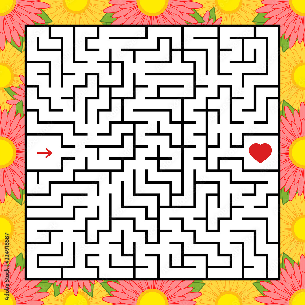 Abstract square maze. An interesting and useful game for children. Find the path from arrow to heart. Simple flat vector illustration isolated on white background. With a bright floral frame.