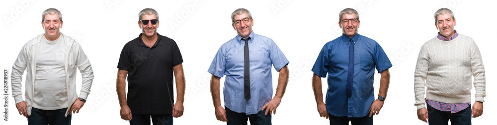 Collage of senior hoary man over white isolated backgroud with a happy and cool smile on face. Lucky person. Collage of senior hoary man over white isolated backgroud with a happy and cool smile on face. Lucky person.