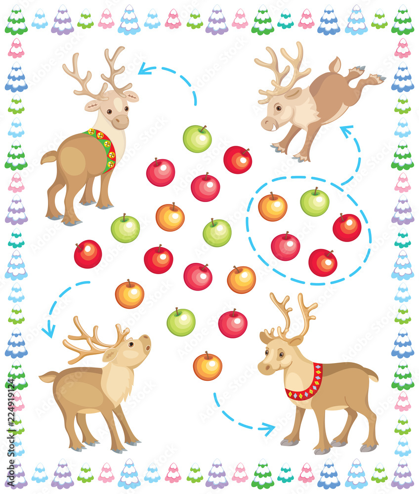 Divide apples between reindeers isolated Divide apples between reindeers isolated