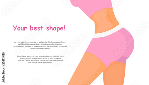 Vector illustration of fitness girl body, women sporty butt, good shape, bodysculpt concept with place for text. fitness app, bodybuilding, gym in flat cartoon style.