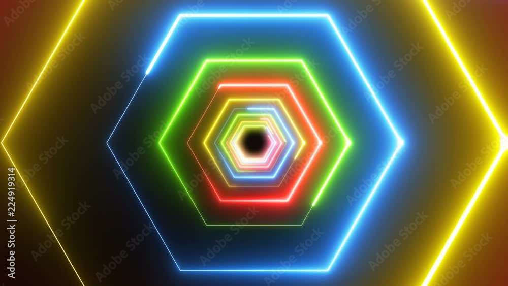 Hexagon neon tunnel loop. Abstract Lights futuristic Background, Multicolors neon lights Hexagonal tunnel loop. A Science Fiction background. dance, music. disco and clubs background 4k