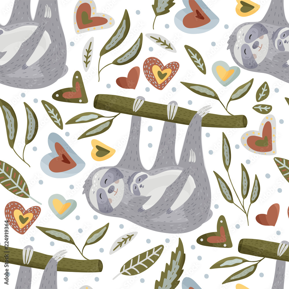 Naklejka premium Seamless pattern with sloths in flat style.