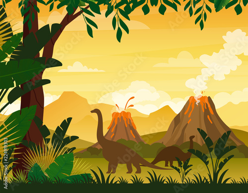 Obraz na płótnie trawa dinozaur wulkan drzewa