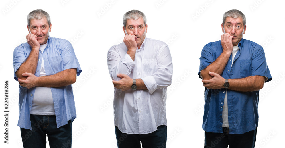 Collage of senior hoary man over white isolated backgroud looking stressed and nervous with hands on mouth biting nails. Anxiety problem. Collage of senior hoary man over white isolated backgroud looking stressed and nervous with hands on mouth biting nails. Anxiety problem.
